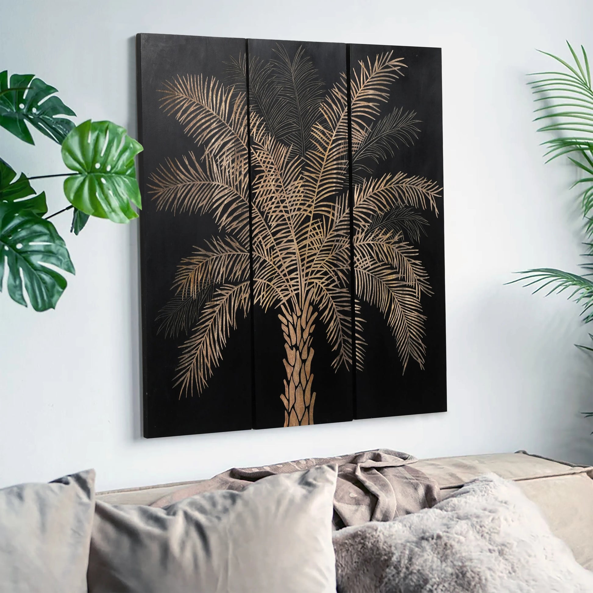 Set of 3 Black Finish Hand-Carved Palm Tree Wall Panels - Furniza