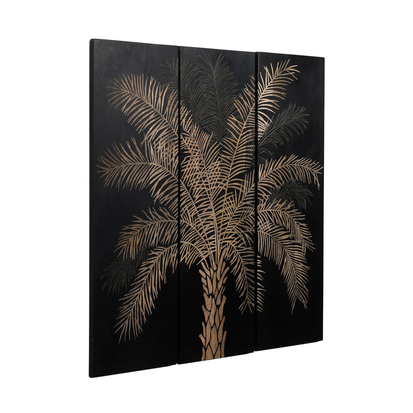 Set of 3 Black Finish Hand-Carved Palm Tree Wall Panels