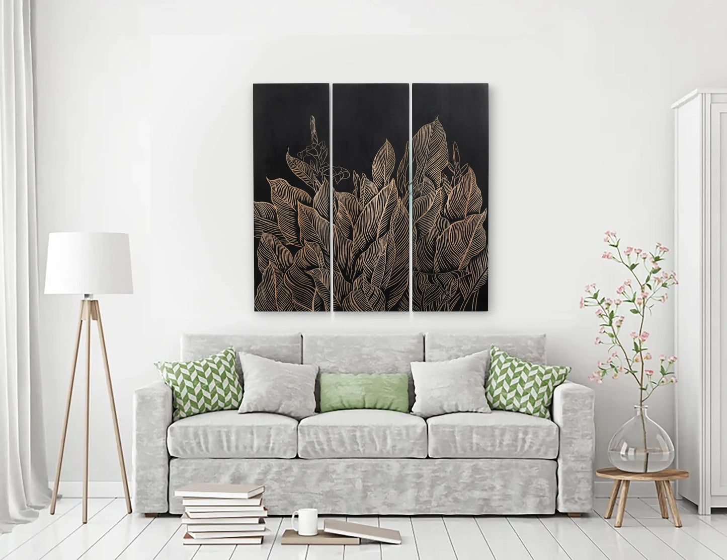 Set of 3 Hand-Carved Leaf Wall Panels in Black Finish