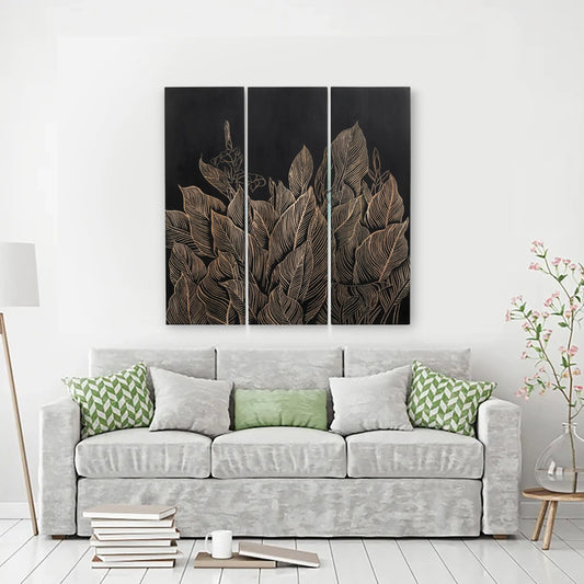 Set of 3 Hand-Carved Leaf Wall Panels in Black Finish - Furniza