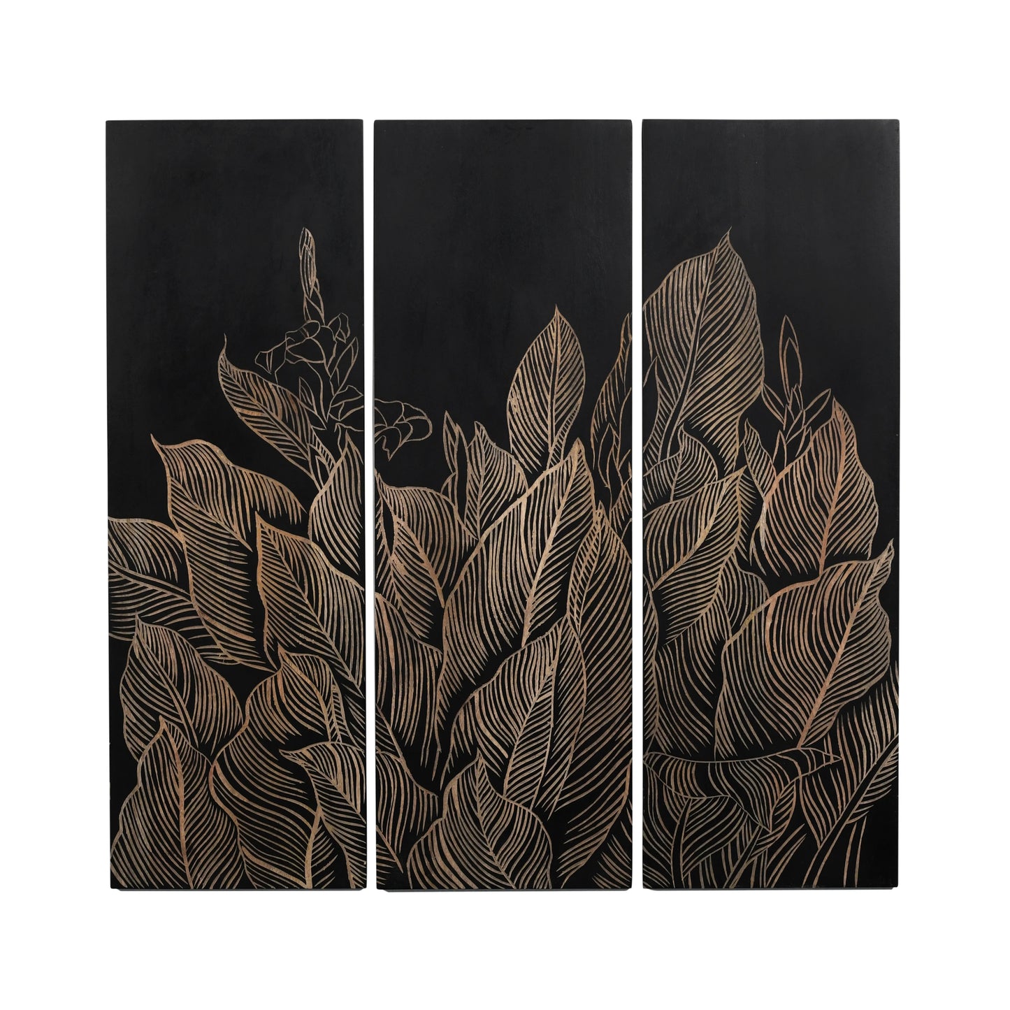 Set of 3 Hand-Carved Leaf Wall Panels in Black Finish