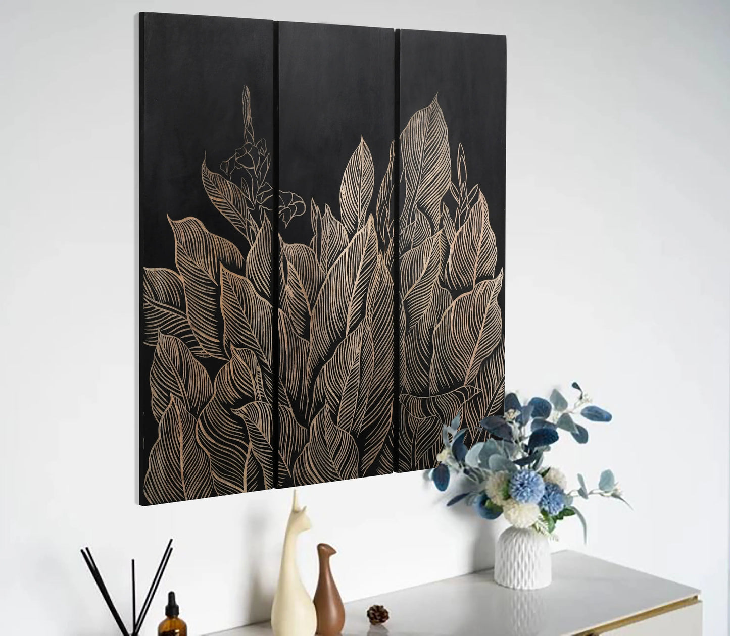 Set of 3 Hand-Carved Leaf Wall Panels in Black Finish