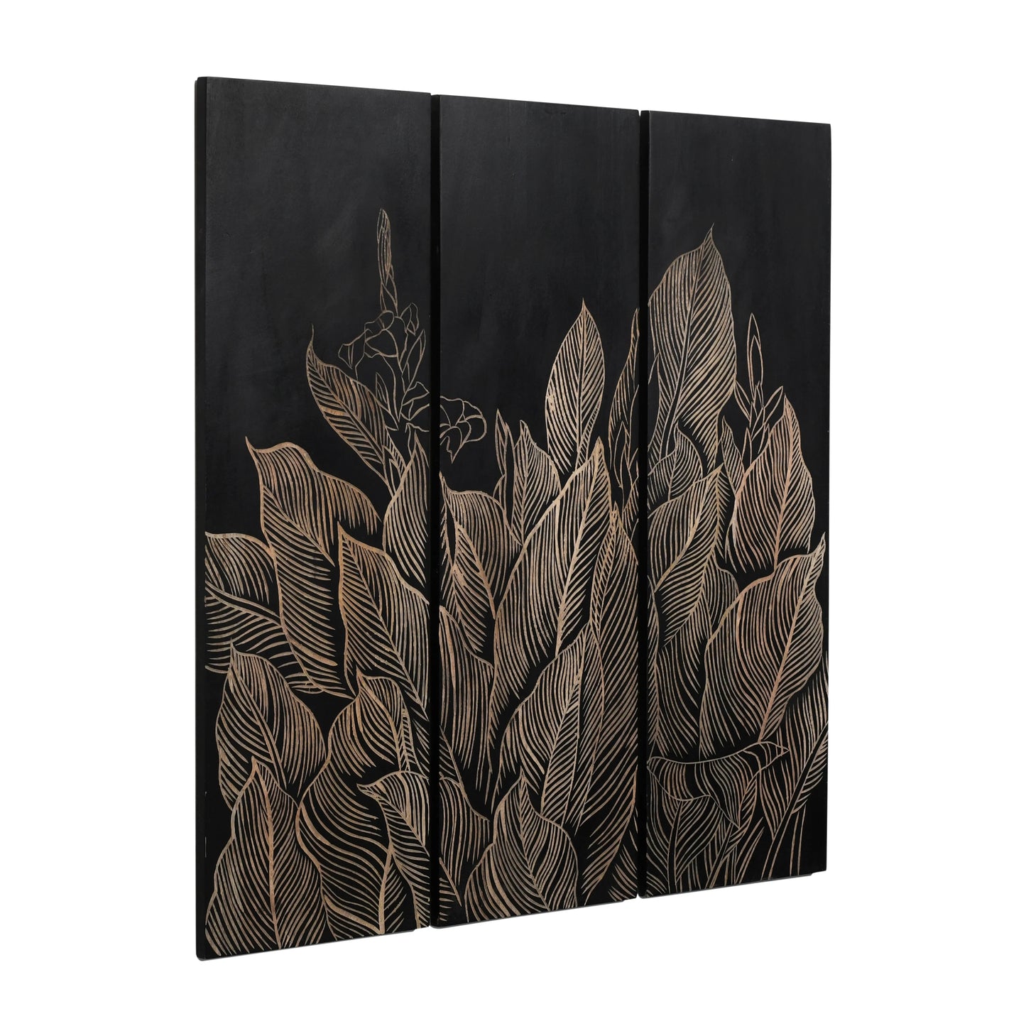 Set of 3 Hand-Carved Leaf Wall Panels in Black Finish