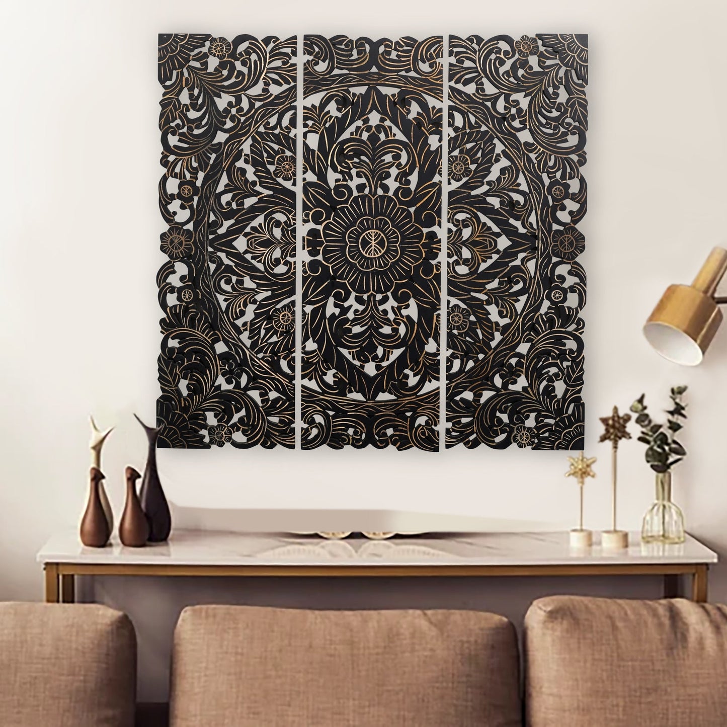 Set of 3 Black Finish Traditional Hand-Carved Wall Panels - Furniza