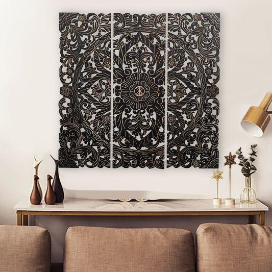 Set of 3 Black Finish Traditional Hand-Carved Wall Panels - Furniza