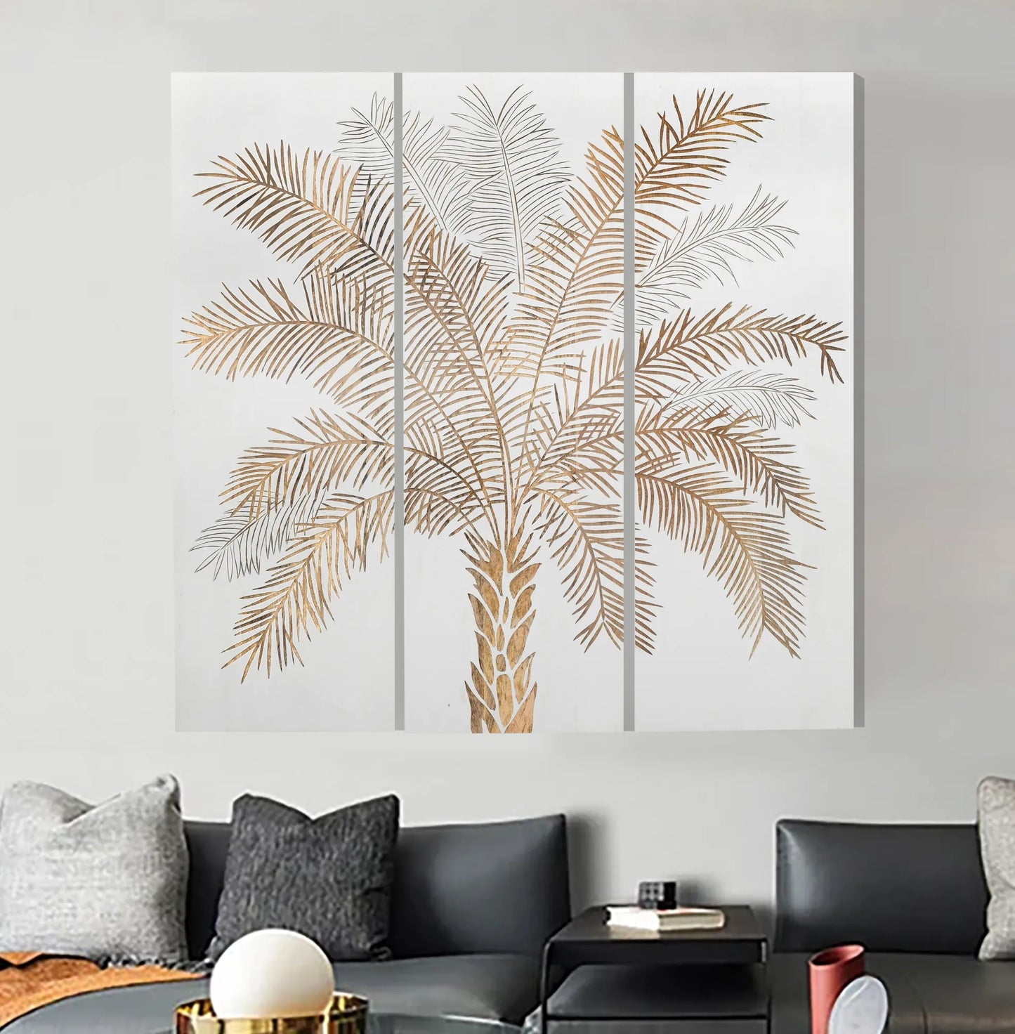 Hand-Carved Palm Tree Wall Panels – Set of 3 in White Finish