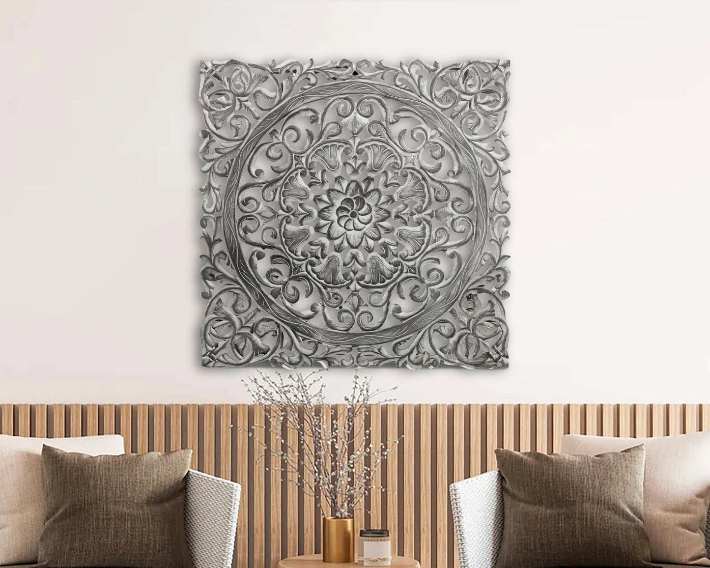Hand-Carved Wall Panel in Grey Finish