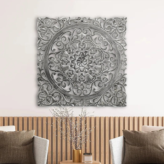 Hand-Carved Wall Panel in Grey Finish - Furniza