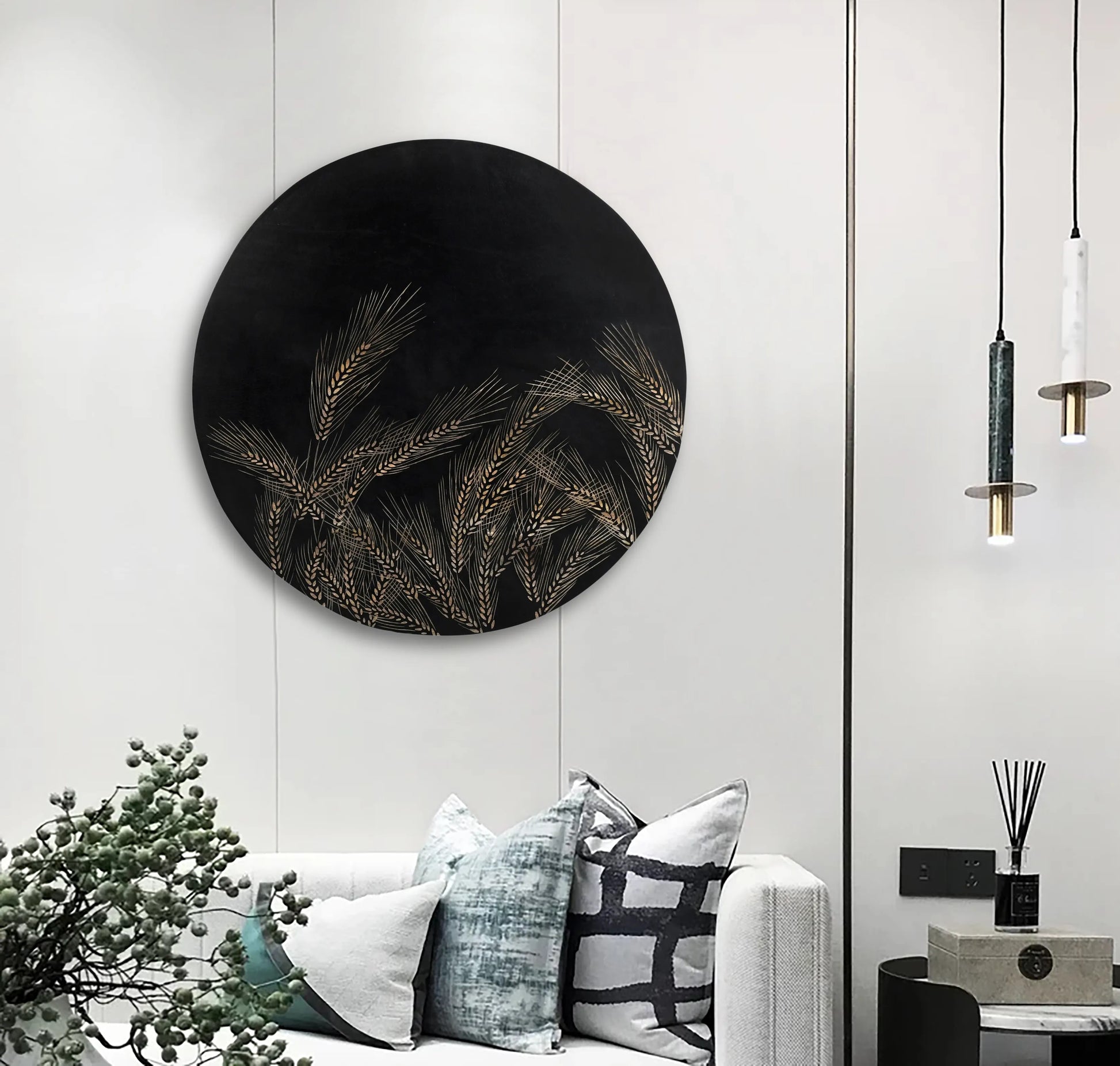 Hand-Carved Wheat Grain Leaf Wall Panel in Black Finish - Furniza