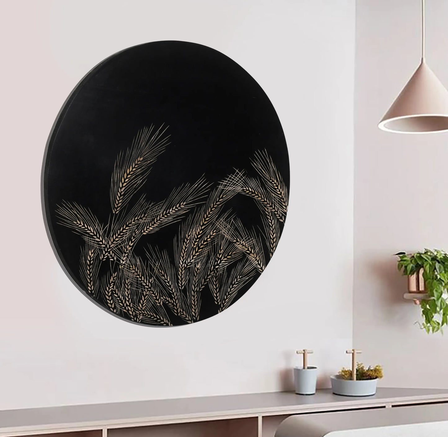 Hand-Carved Wheat Grain Leaf Wall Panel in Black Finish