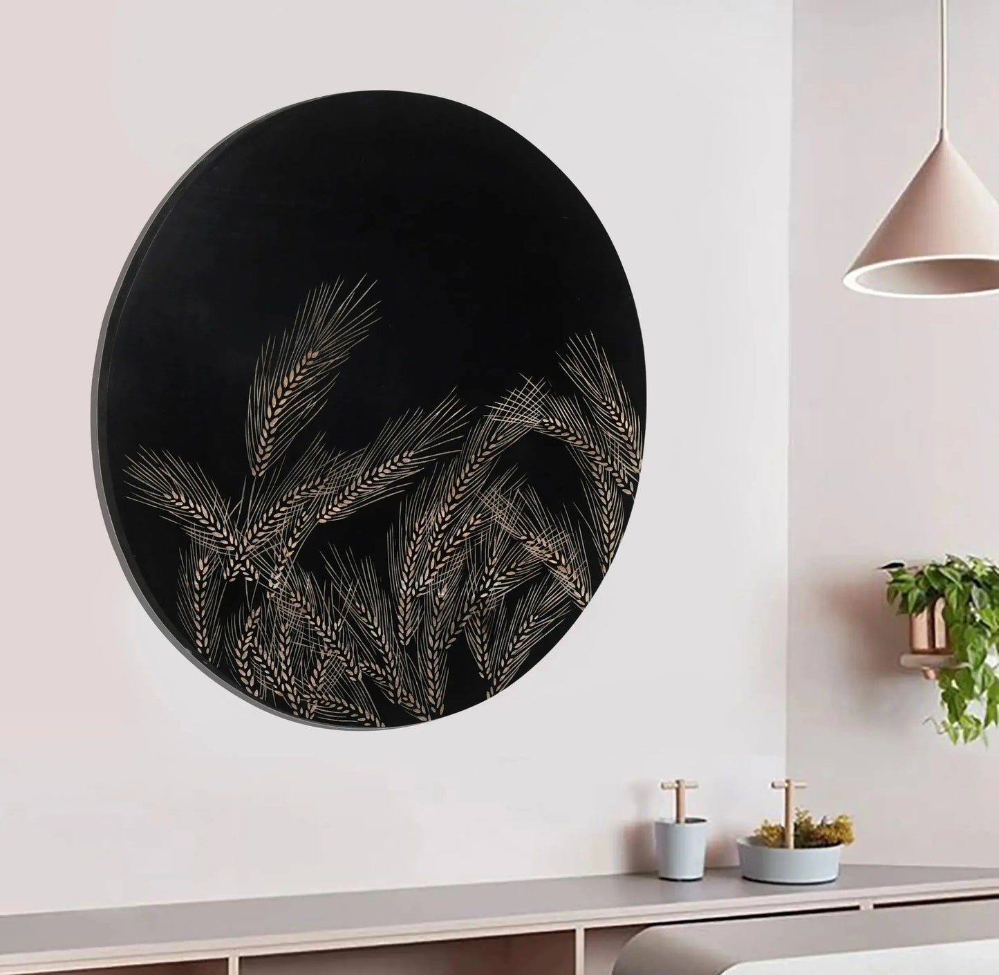 Hand-Carved Wheat Grain Leaf Wall Panel in Black Finish - Furniza
