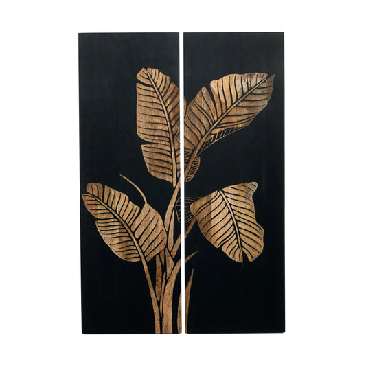 Black Hand-Carved Banana Leaf Wall Panels – Set of 2 - Furniza