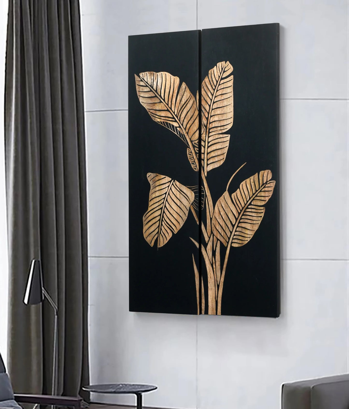 Black Hand-Carved Banana Leaf Wall Panels – Set of 2