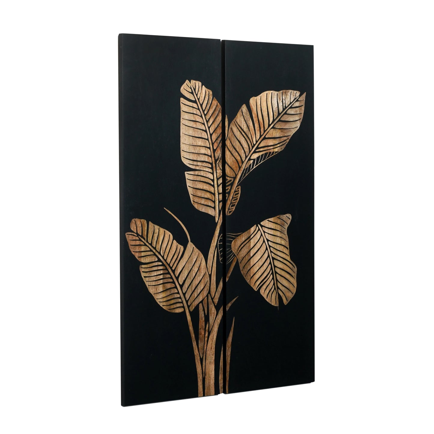 Black Hand-Carved Banana Leaf Wall Panels – Set of 2