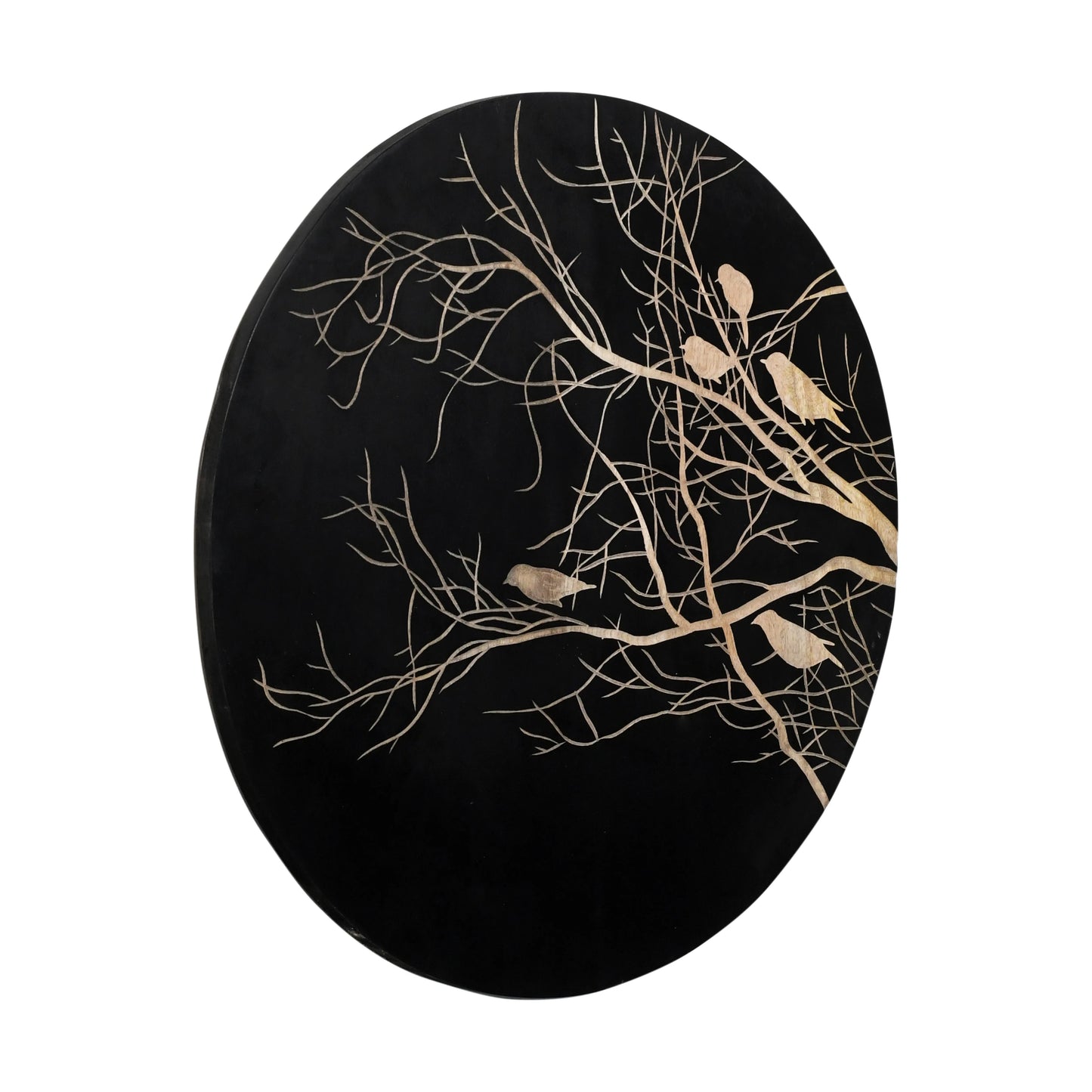 Hand-Carved Birds on Tree Wall Panel in Black Finish