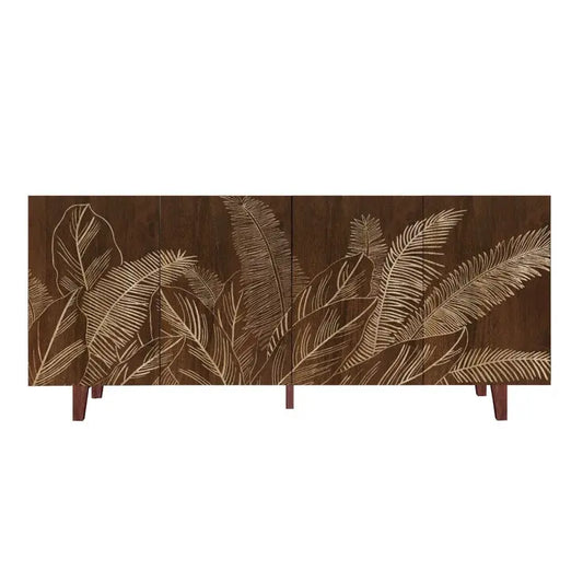 4 Door Sideboard Rich Walnut Finish | Hand-Carved Leaf Design | Solid Mango Wood - Furniza