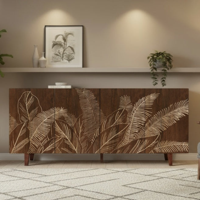 4 Door Sideboard Rich Walnut Finish | Hand-Carved Leaf | Solid Mango Wood - Furniza