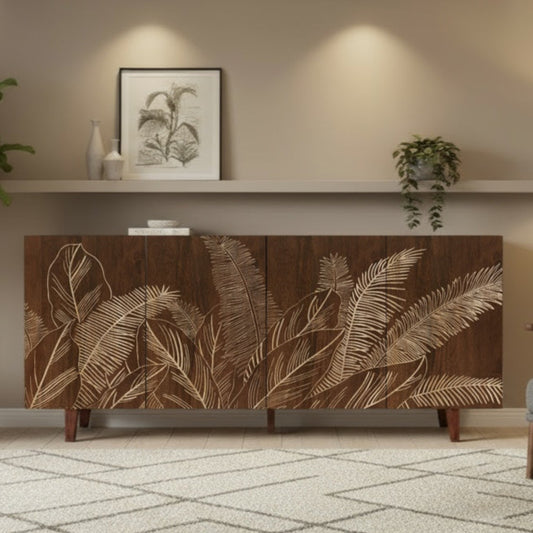 4 Door Sideboard Rich Walnut Finish | Hand-Carved Leaf | Solid Mango Wood - Furniza