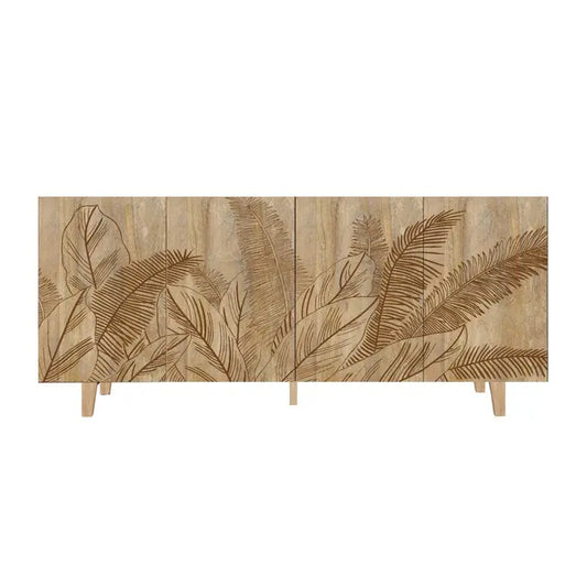 4 Door Sideboard Natural Finish | Hand-Carved Leaf Design | Solid Mango Wood - Furniza
