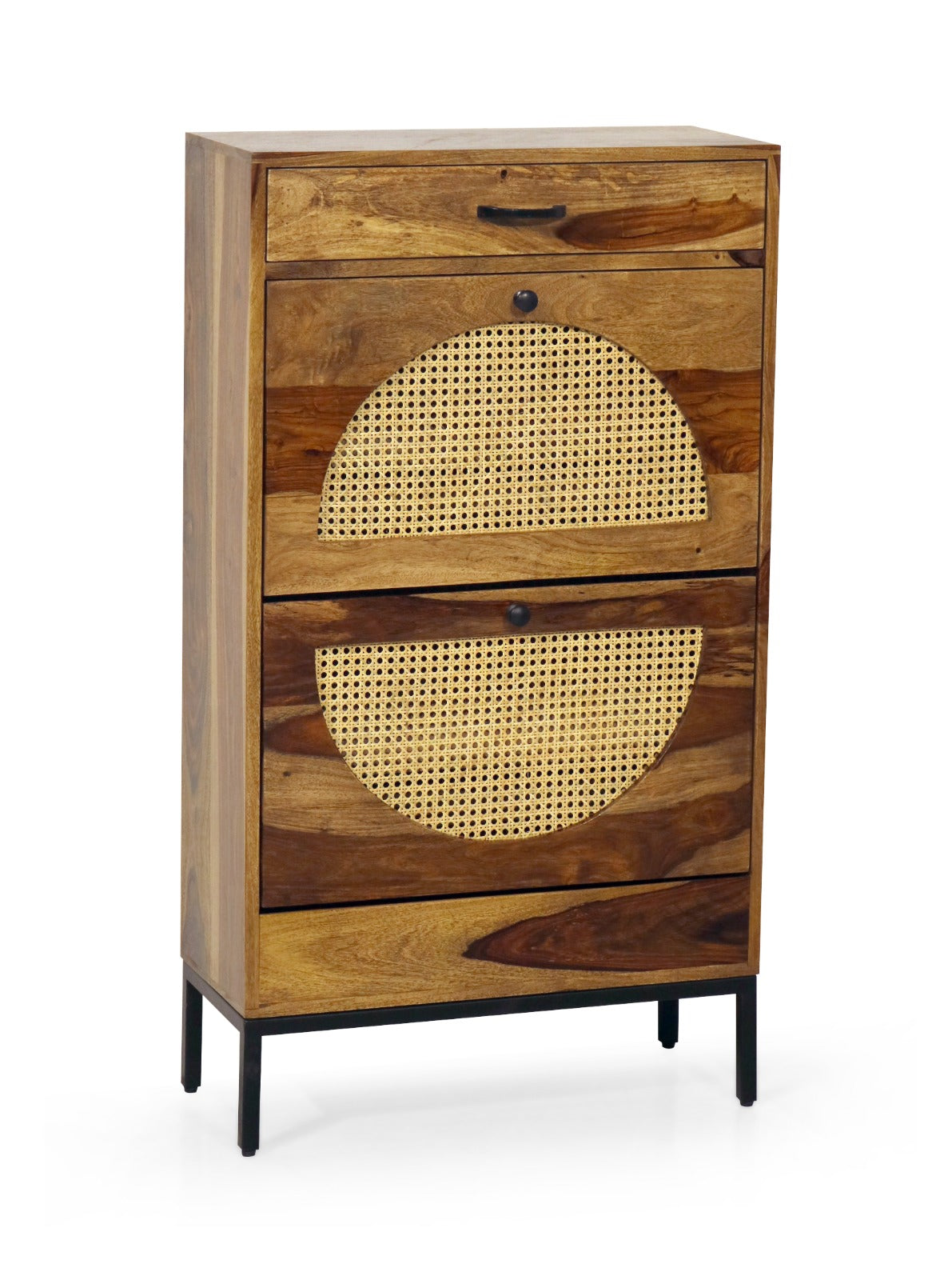 Sheesham Wood Shoe Rack with Cane Detailing – Handcrafted 3-Tier Storage Cabinet