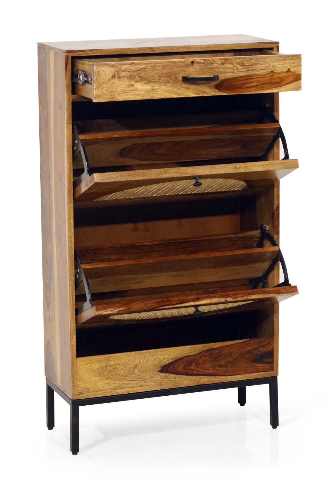 Sheesham Wood Shoe Rack with Cane Detailing – Handcrafted 3-Tier Storage Cabinet