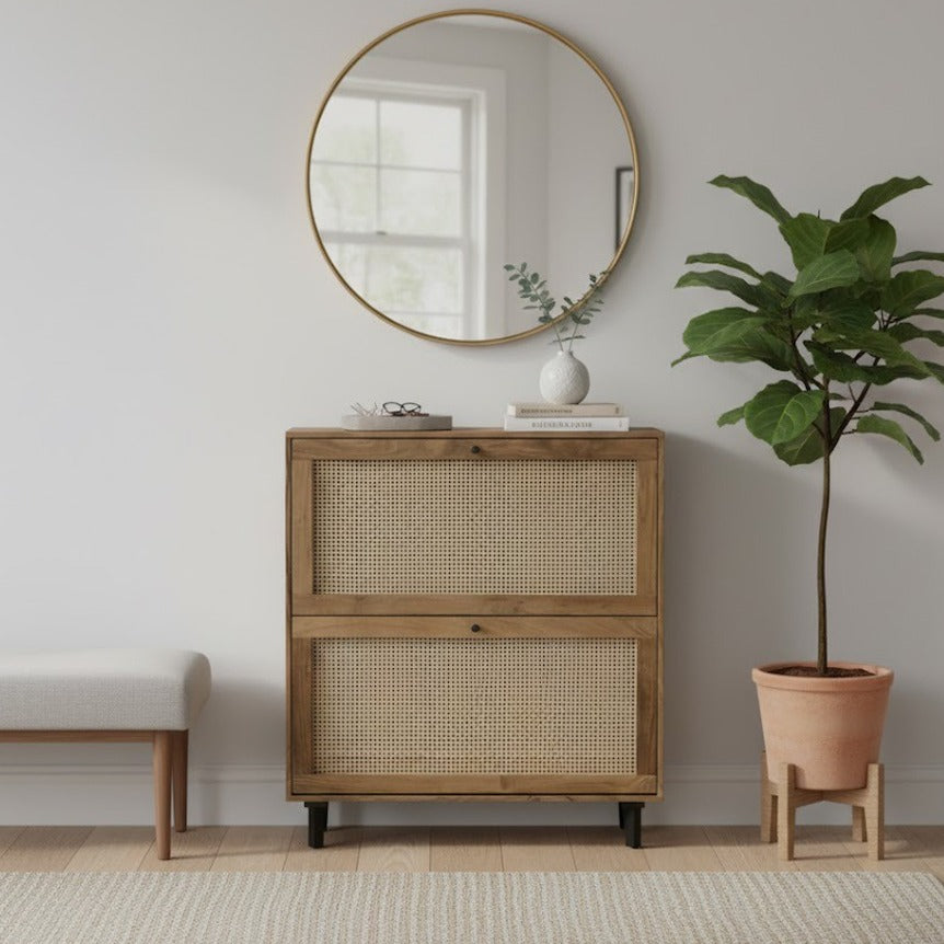 Solid Acacia Wood Shoe Rack with Cane Detailing – Handcrafted