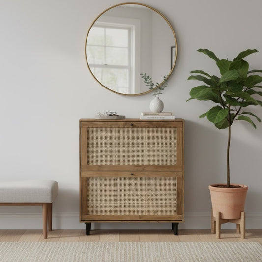 Solid Acacia Wood Shoe Rack with Cane Detailing – Handcrafted