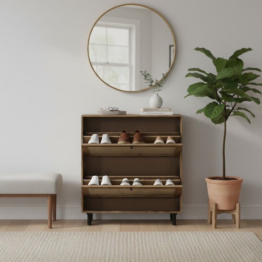 Solid Acacia Wood Shoe Rack with Cane Detailing – Handcrafted