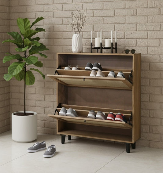 Solid Acacia Wood Shoe Rack with Cane Detailing – Handcrafted