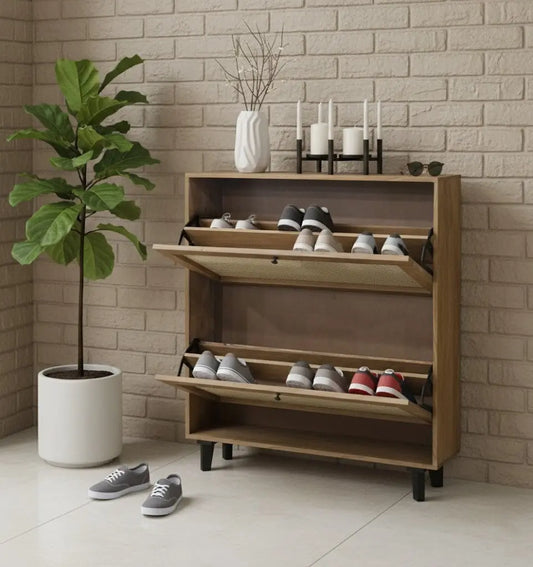 Solid Acacia Wood Shoe Rack with Cane Detailing – Handcrafted FURNIZA