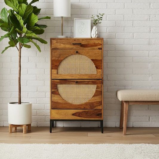 Sheesham Wood Shoe Rack with Cane Detailing – Handcrafted 3-Tier Storage Cabinet