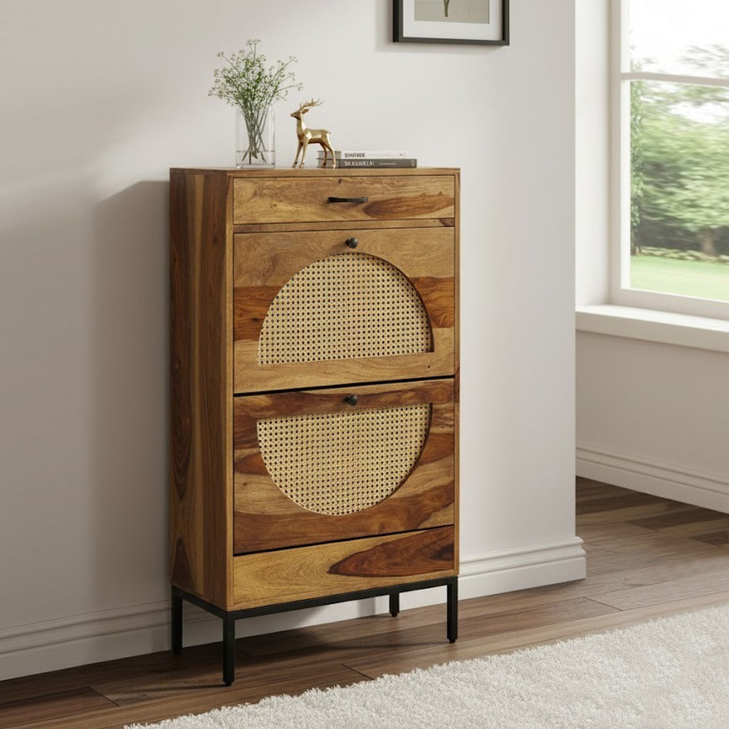 Sheesham Wood Shoe Rack with Cane Detailing – Handcrafted 3-Tier Storage Cabinet
