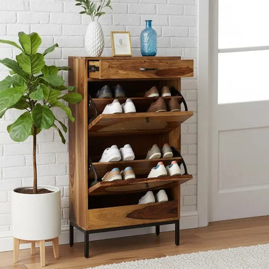 Sheesham Wood Shoe Rack with Cane Detailing – Handcrafted 3-Tier Storage Cabinet FURNIZA