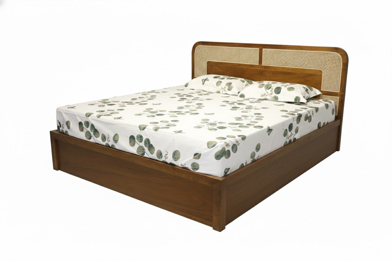 Walnut Finish Rattan King Size Storage Bed with Cane Headboard
