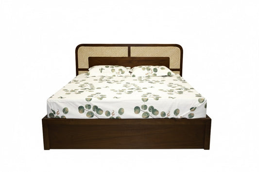Walnut Finish Rattan King Size Storage Bed with Cane Headboard