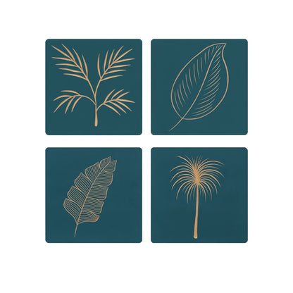 Blue Wooden Wall Art Set – 4 Hand-Carved Leaf Pattern Panels