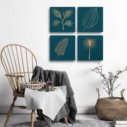 Blue Wooden Wall Art Set – 4 Hand-Carved Leaf Pattern Panels