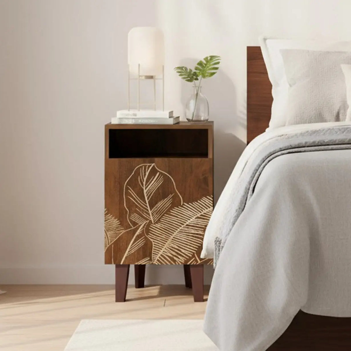 Bedside Table Patterned Hand-carved floral pattern Wooden Bedside Table – 1 Door Nightstand ...
