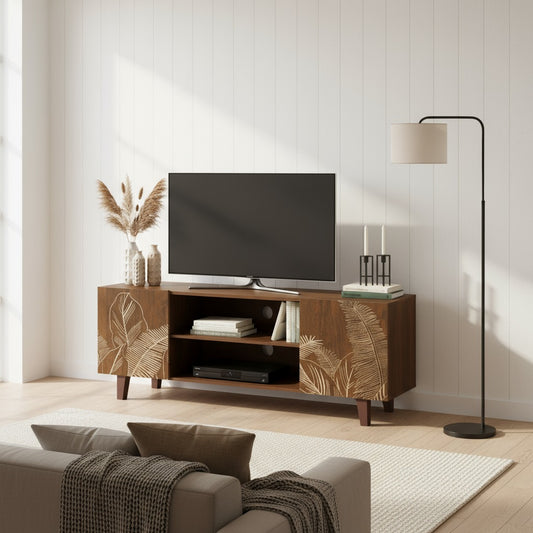 Hand-Carved Leaf TV Unit in Solid Acacia Wood – Walnut Finish