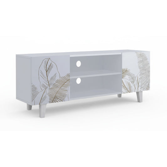 Hand-Carved Leaf TV Unit in Solid Acacia Wood – White Finish