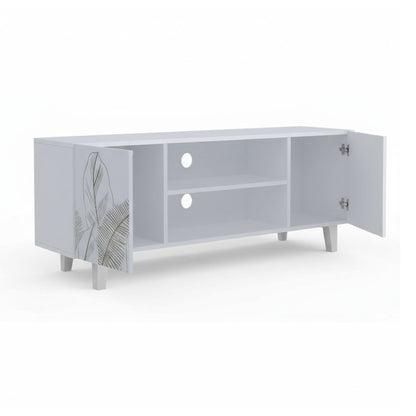 Hand-Carved Leaf TV Unit in Solid Acacia Wood – White Finish