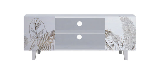 Hand-Carved Leaf TV Unit in Solid Acacia Wood – White Finish