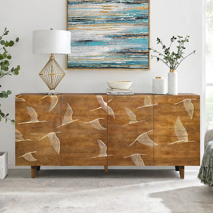 Vinda Hand Carved Mango Wood 4 Door Sideboard Walnut Finish