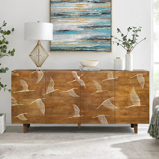 Vinda Hand Carved Mango Wood 4 Door Sideboard Walnut Finish