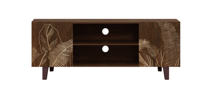 Hand-Carved Leaf TV Unit in Solid Acacia Wood – Walnut Finish