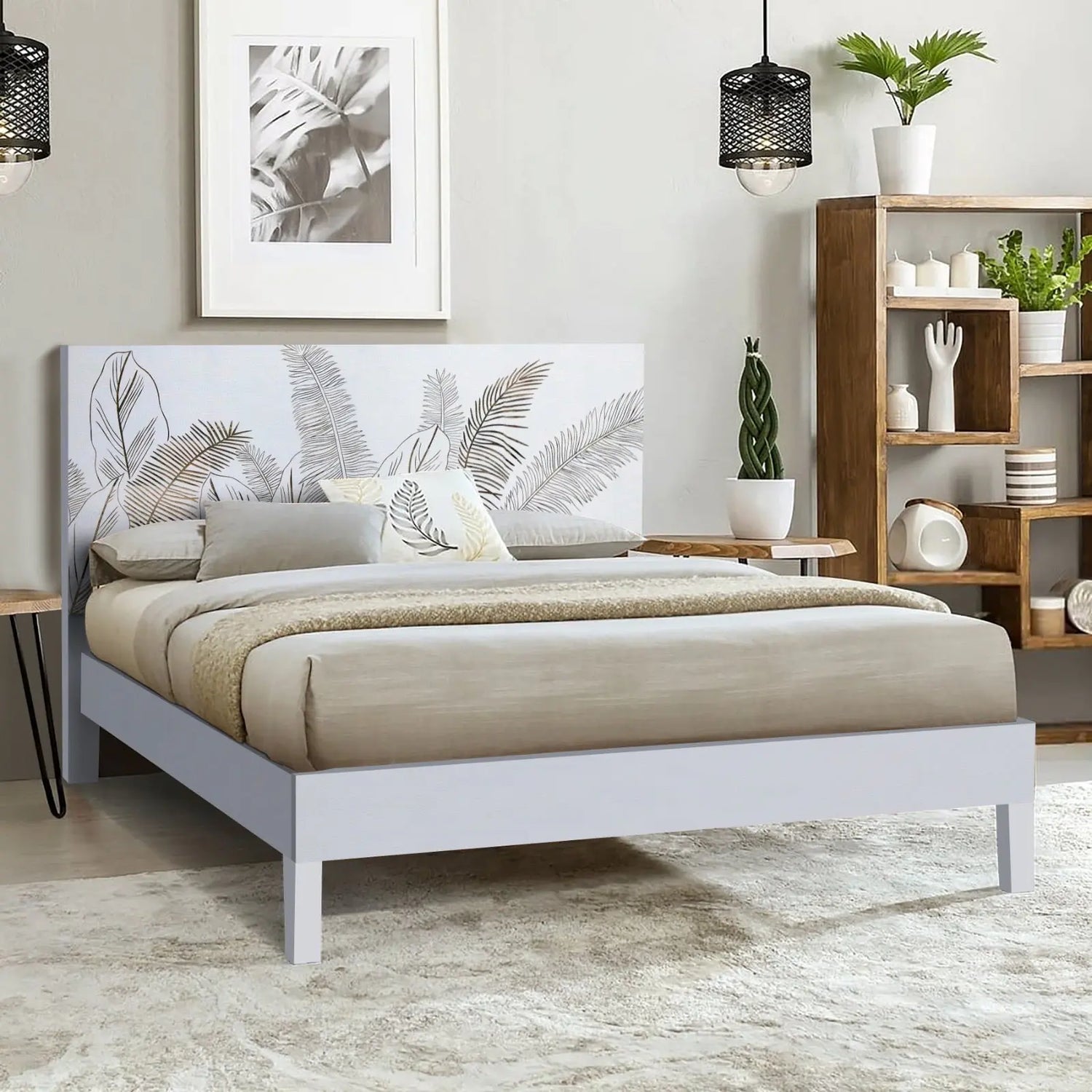 Modern King Size Bed in White Finish – Solid Wood Frame FURNIZA