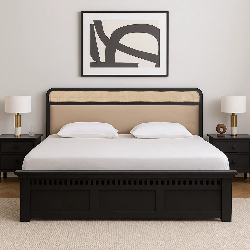 Modern King Size Bed in Black Finish with Rattan Cane & Upholstered Headboard – Sheesham Wood Frame FURNIZA