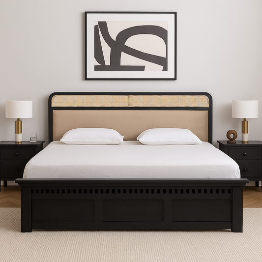 Modern King Size Bed in Black Finish with Rattan Cane & Upholstered Headboard – Sheesham Wood Frame