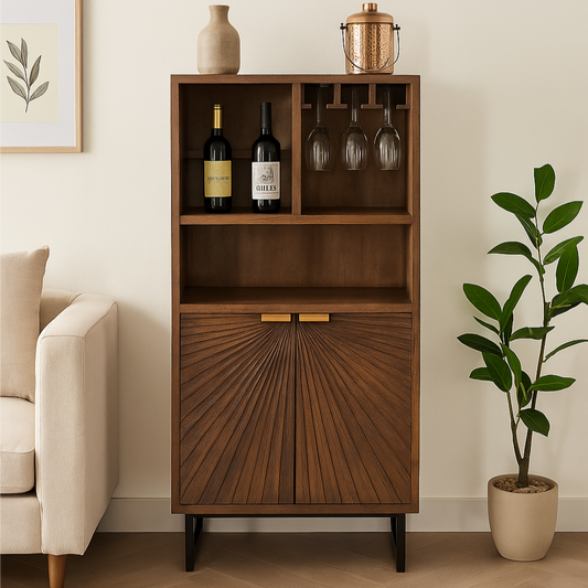 Hand-Carved 2 Door Bar Unit in Rich Walnut Finish – Solid Mango Wood