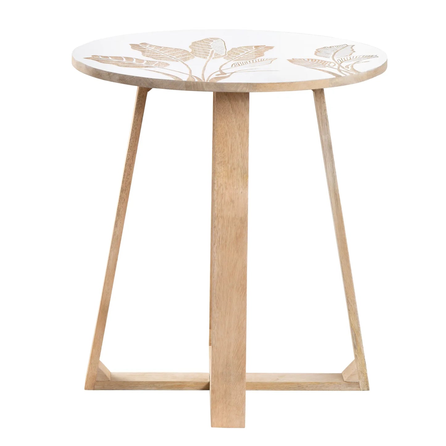 White Wooden Side Table with Hand-Carved Leaf Pattern – Modern Accent Furniture